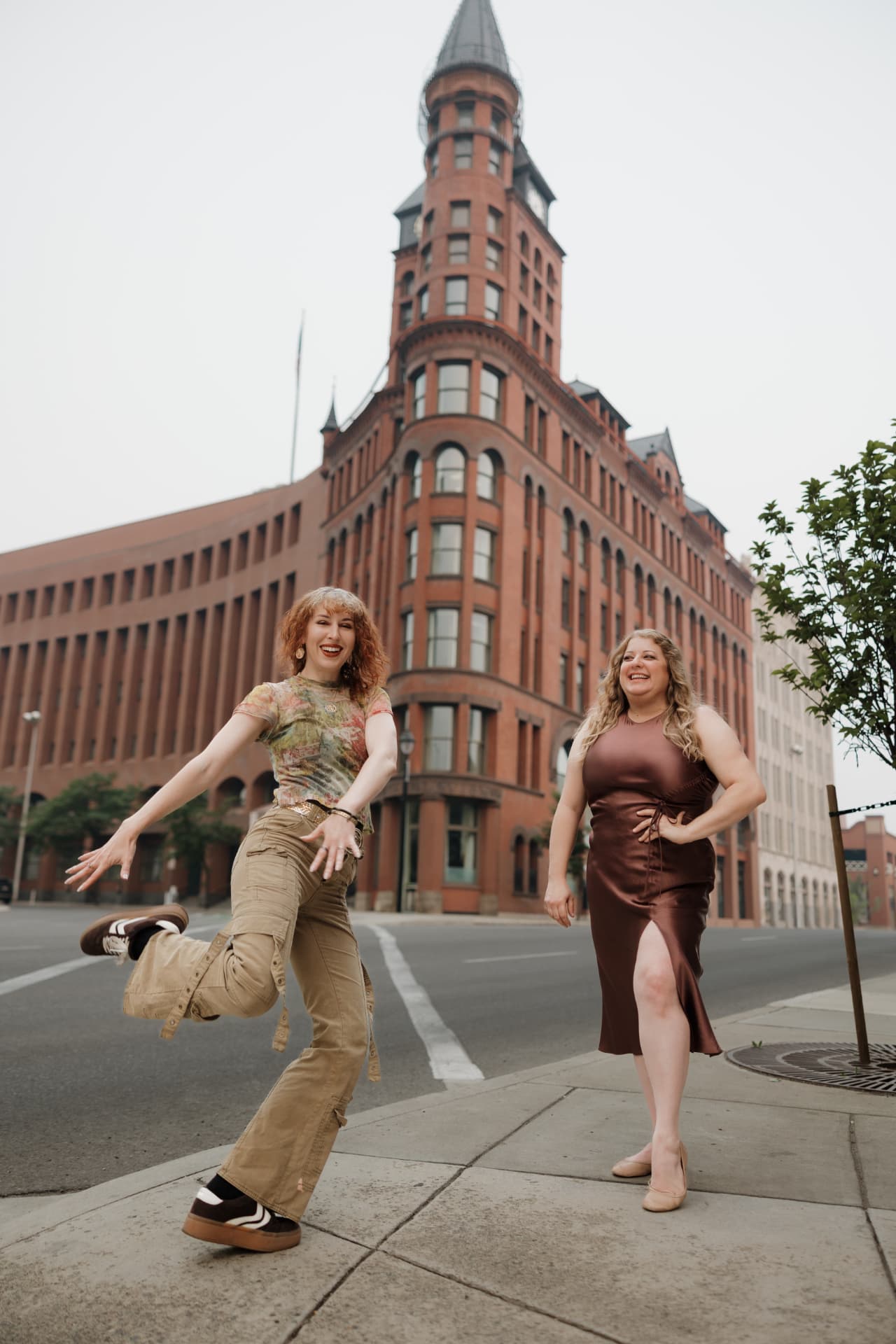 Erin Peterson and Kayliana Reeves dancing in downtown Spokane